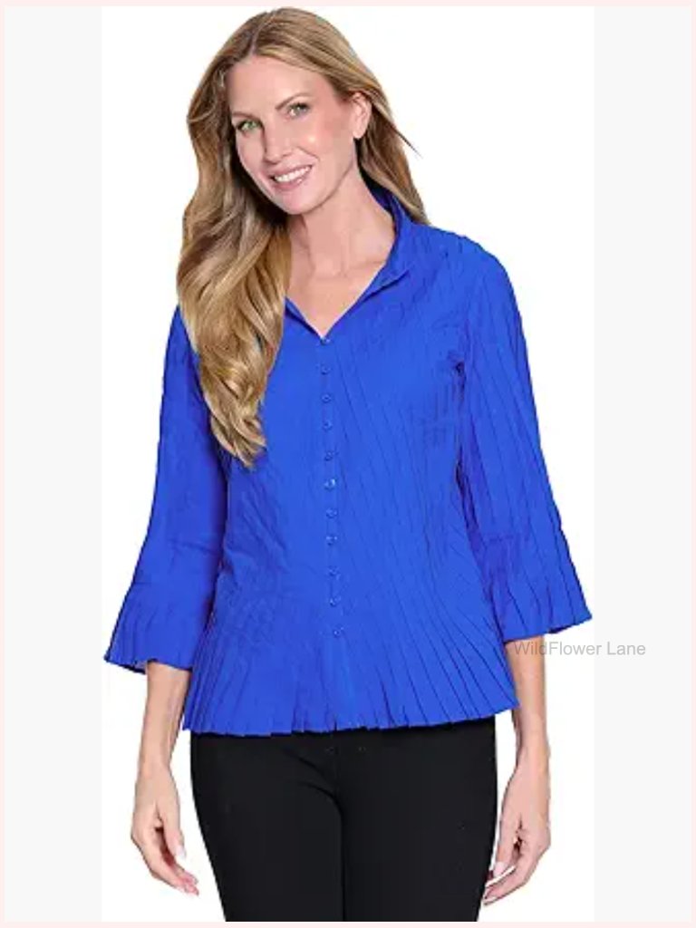 Pleated Button Front Blouse 3/4 Sleeves Cotton